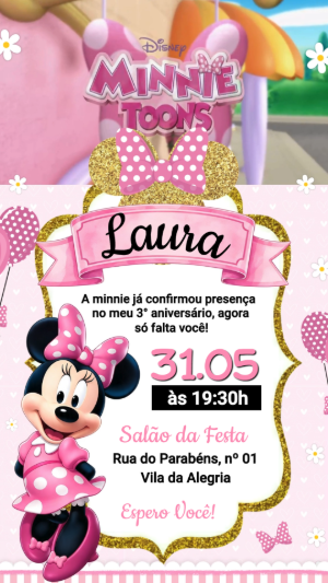 Convite Animado Minnie Rosa: Modelo Editável para Aniversário