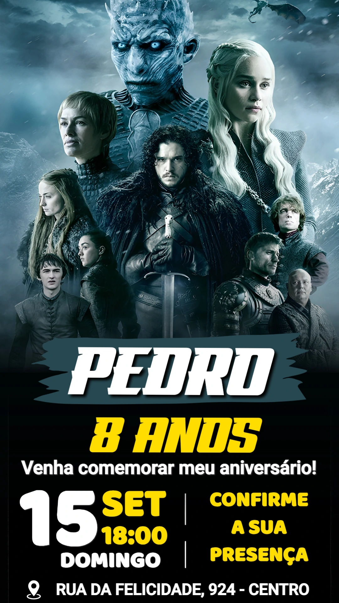 Convite de Aniversário Game of Thrones Personagens Icônicos Editável Convite de Aniversário Game of Thrones Personagens Icônicos Editável