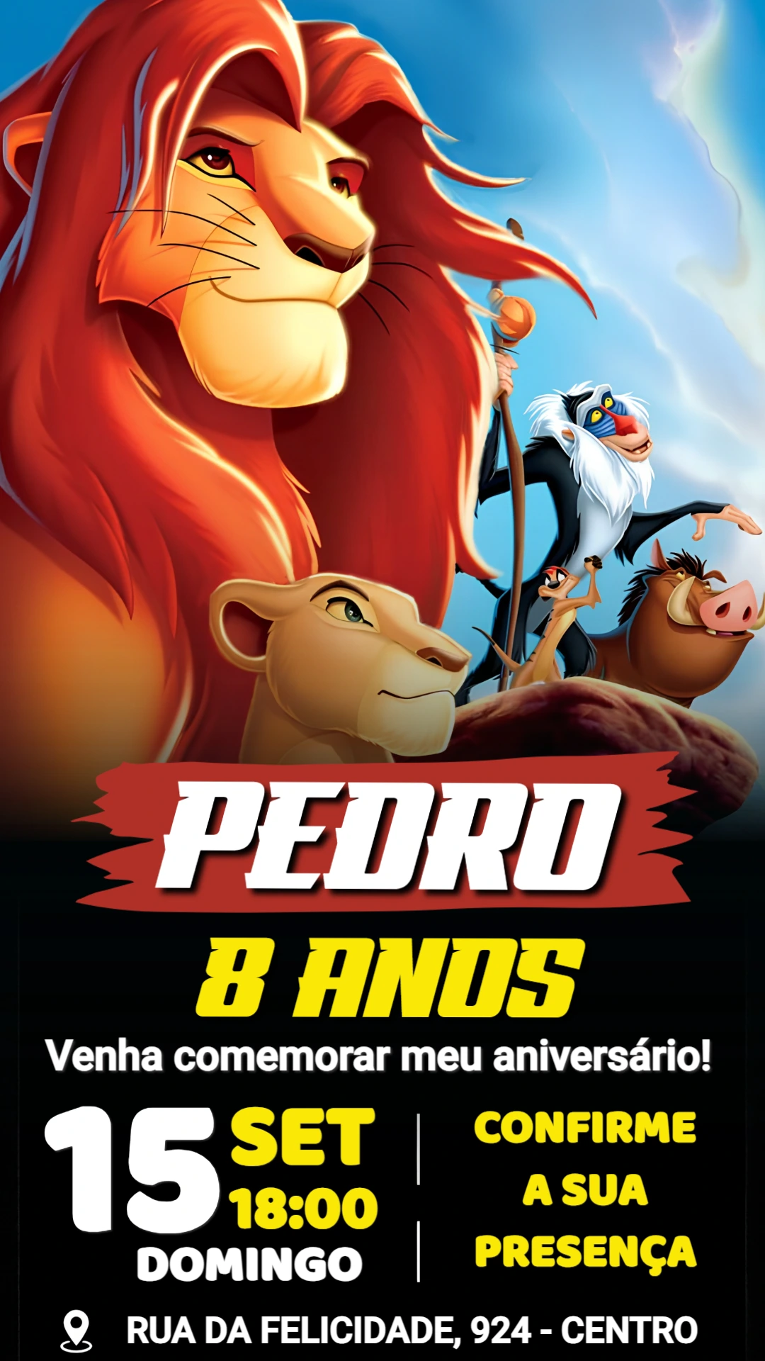 Convite de Aniversário O Rei Leão Editável para Festa Infantil Convite de Aniversário O Rei Leão Editável para Festa Infantil