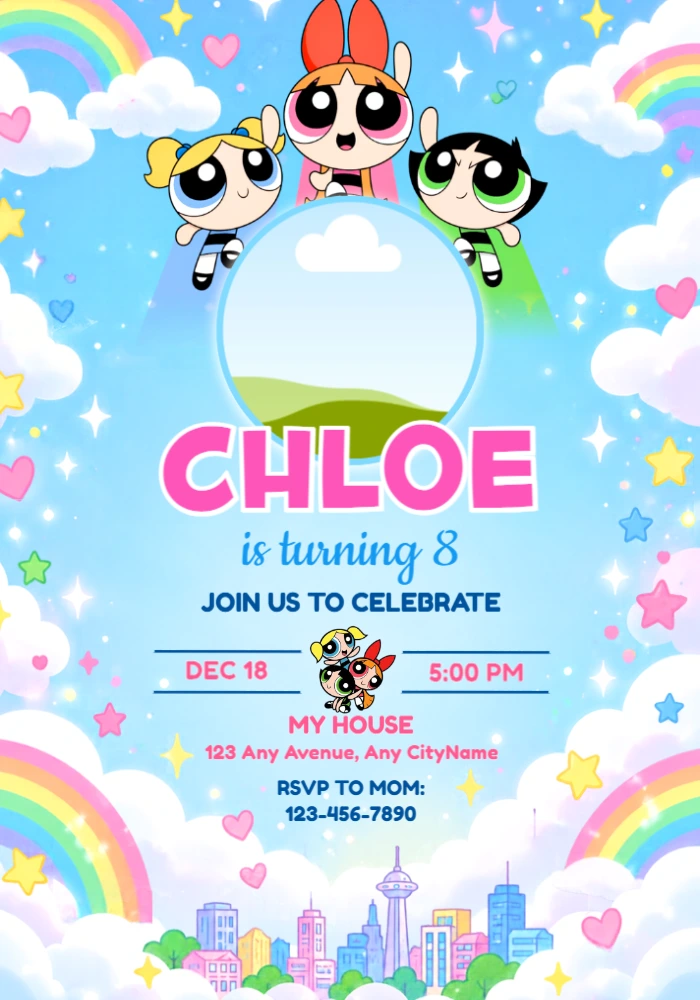 Powerpuff Girls Birthday Invitation with Photo | Editable Template Powerpuff Girls Birthday Invitation with Photo | Editable Template