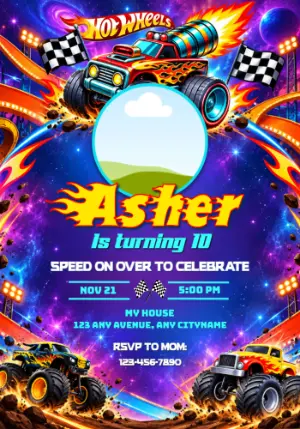 Hot Wheels Monster Trucks Galaxy Race Editable Photo Invitation