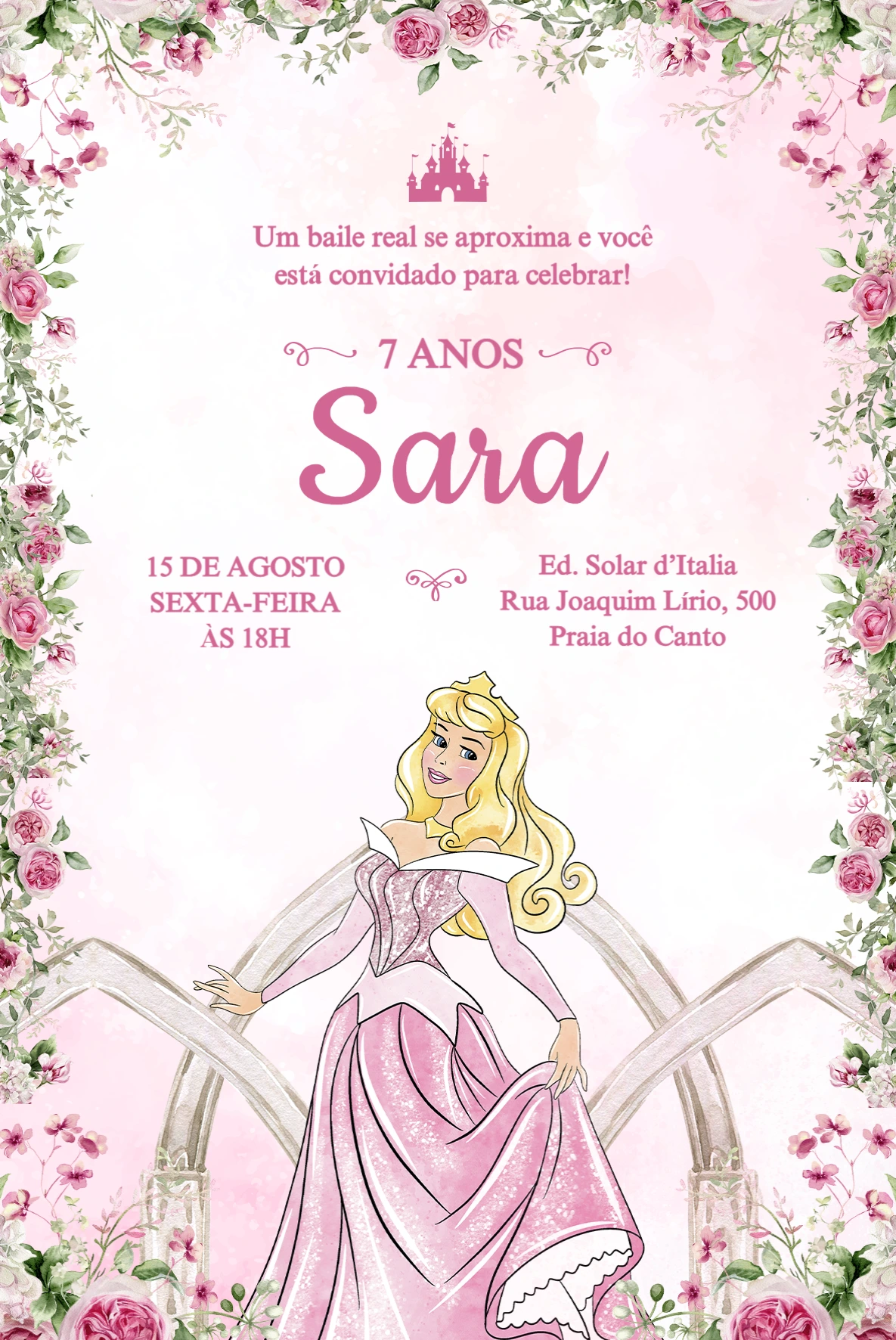 Convite de Aniversário Princesa Aurora Baile Real Editável Convite de Aniversário Princesa Aurora Baile Real Editável