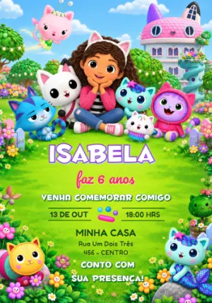 Convite de Aniversário A Casa Mágica da Gabby no Jardim Editável