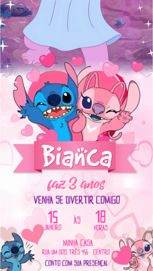 Convite Animado de Aniversário Stitch e Angel Editável