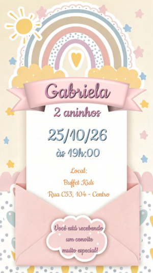 Convite de Aniversário Arco-Íris Boho Pastel Editável