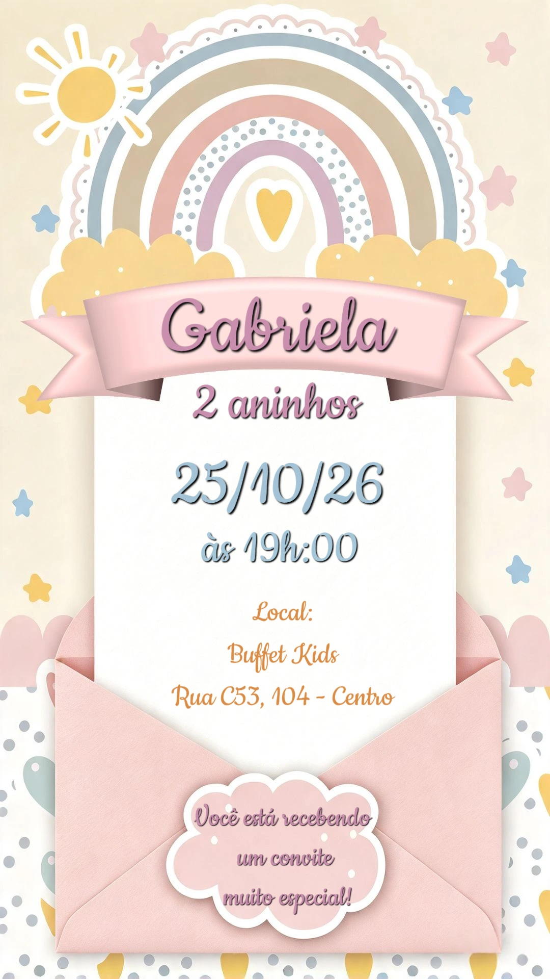 Convite de Aniversário Arco-Íris Boho Pastel Editável Convite de Aniversário Arco-Íris Boho Pastel Editável