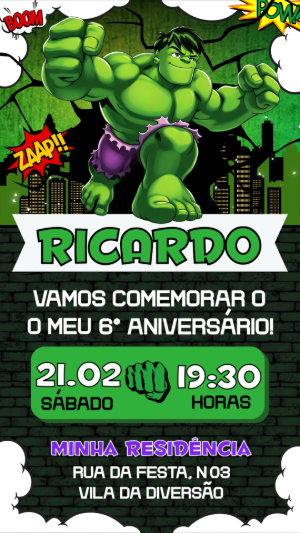 Convite Digital Hulk: Modelo Editável para Aniversário Infantil