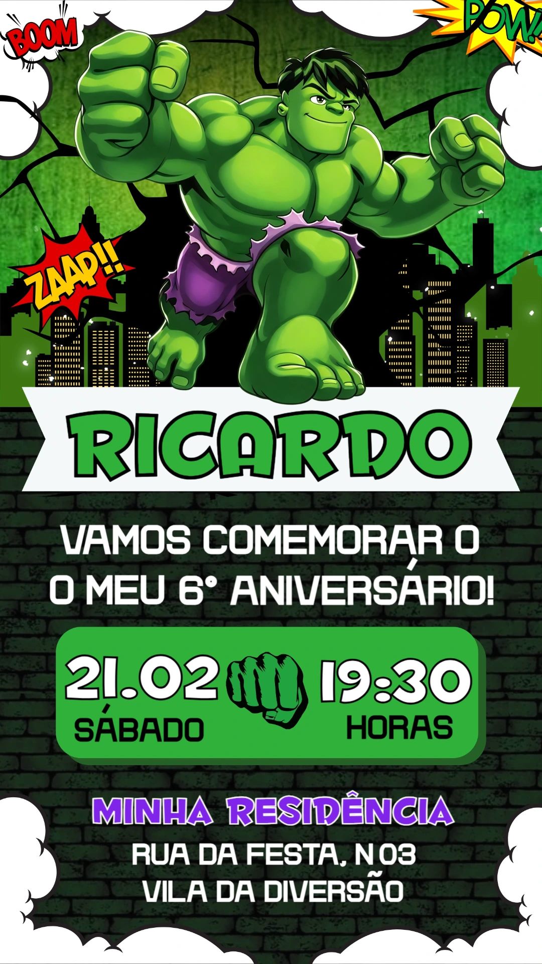 Convite Digital Hulk: Modelo Editável para Aniversário Infantil Convite Digital Hulk: Modelo Editável para Aniversário Infantil
