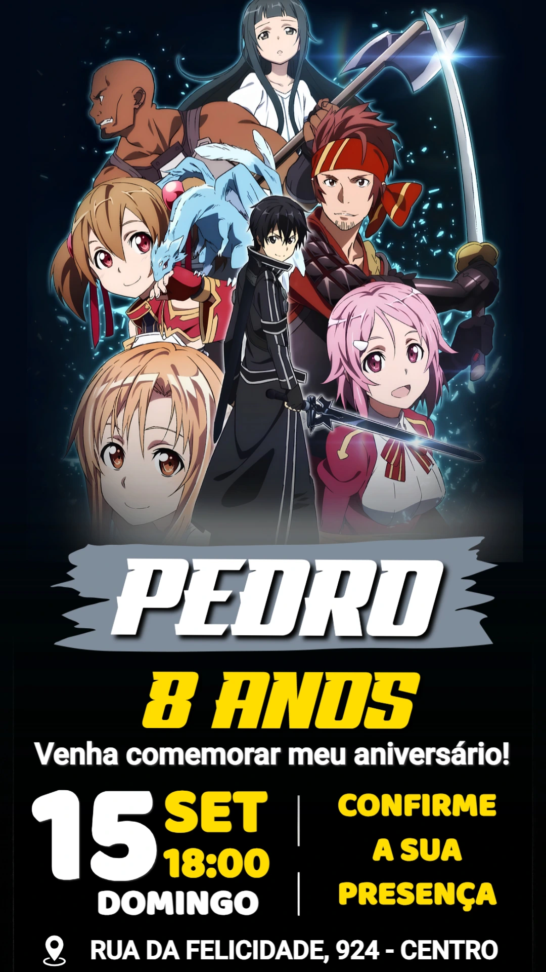 Convite de Aniversário Sword Art Online Editável Convite de Aniversário Sword Art Online Editável