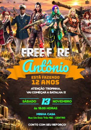 Convite de Aniversário Free Fire Editável para Festa Gamer