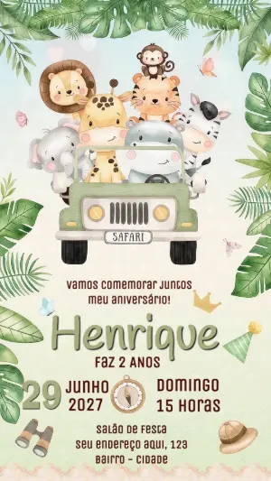 Convite Animado Aniversário Safari com Animais no Jipe para Editar