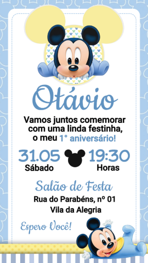 Convite de Aniversário Mickey Baby Azul para Editar Online