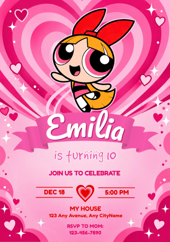 Blossom Powerpuff Girls Editable Birthday Invitation Blossom Powerpuff Girls Editable Birthday Invitation