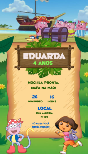 Convite Animado Dora Aventureira para Aniversário Infantil