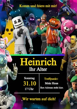Fortnite Geburtstagseinladung | Online bearbeitbare Vorlage