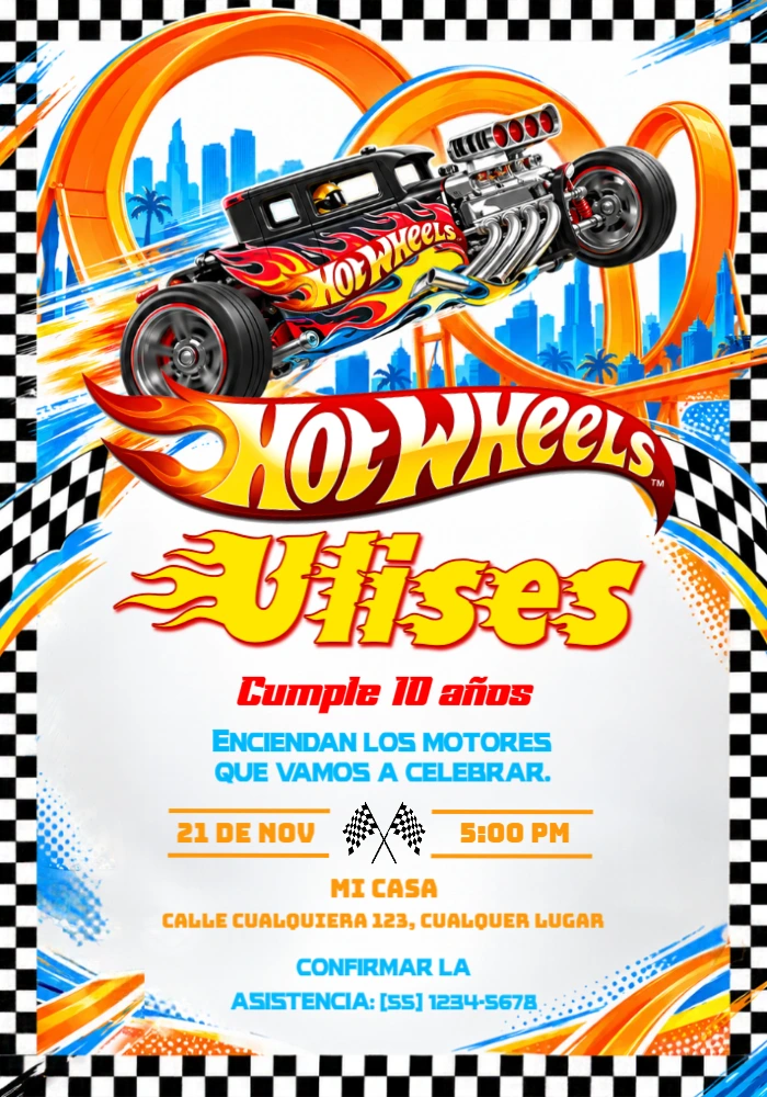 Invitación de Cumpleaños Hot Wheels a toda velocidad para Editar Invitación de Cumpleaños Hot Wheels a toda velocidad para Editar