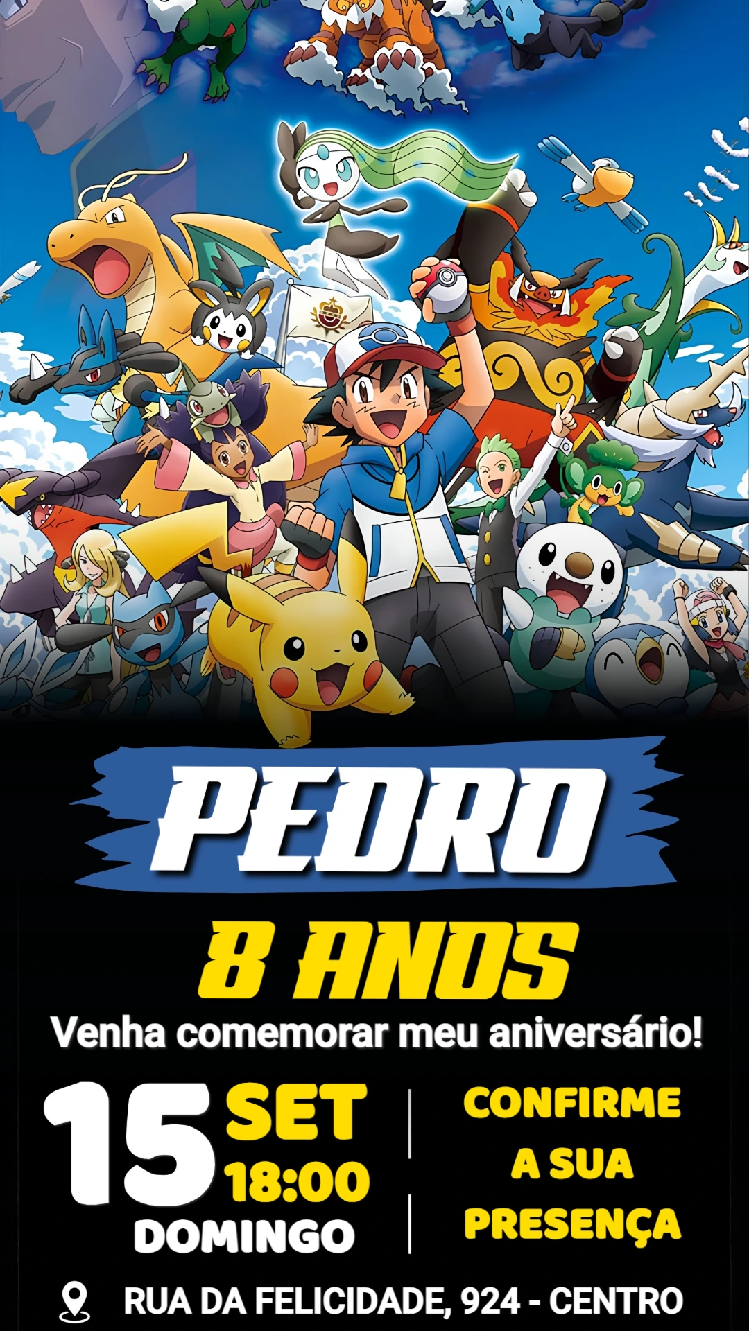 Convite de aniversário Pokémon: Aventura com Ash e Pikachu para editar Convite de aniversário Pokémon: Aventura com Ash e Pikachu para editar