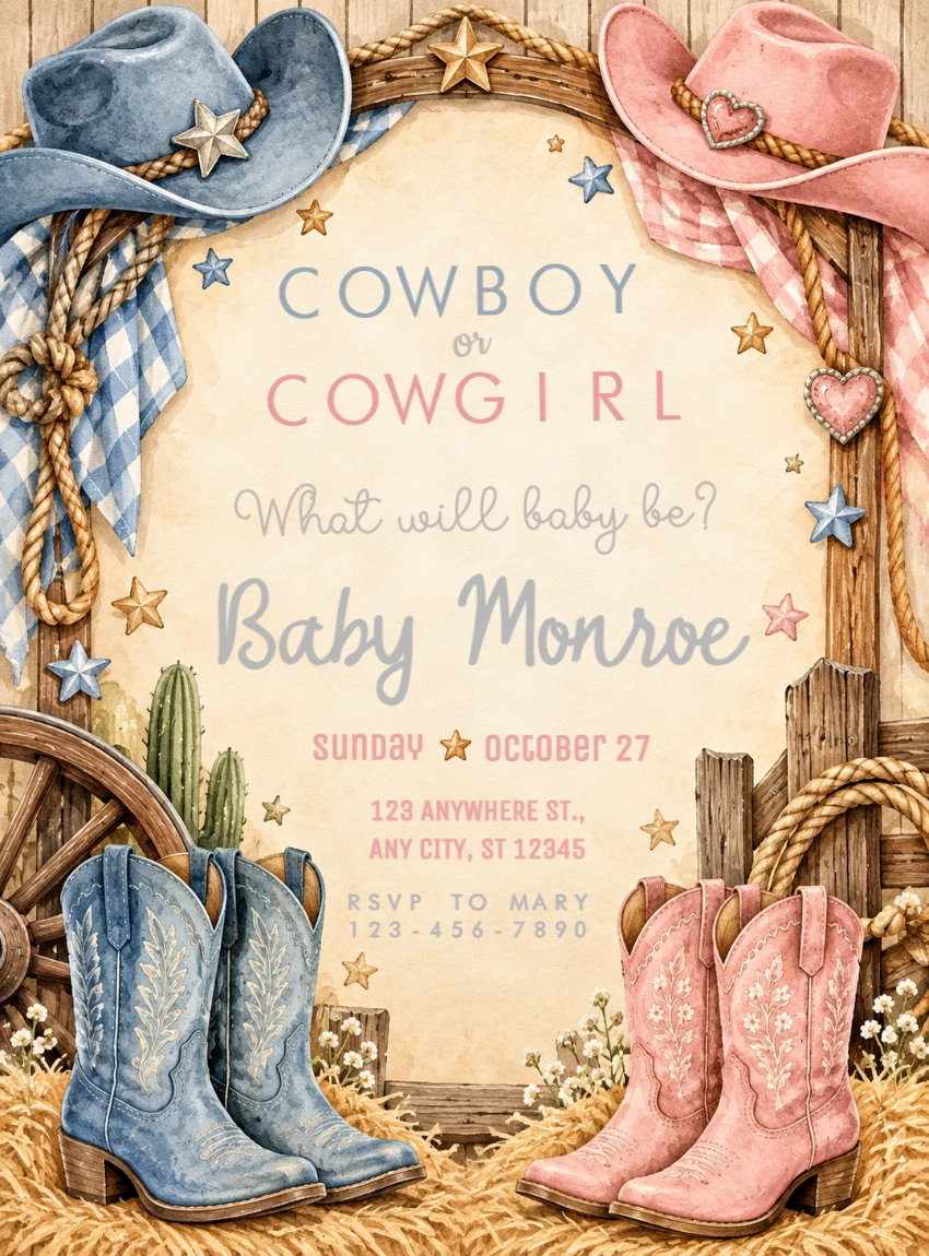 Cowboy or Cowgirl Gender Reveal Editable Invitation Cowboy or Cowgirl Gender Reveal Editable Invitation