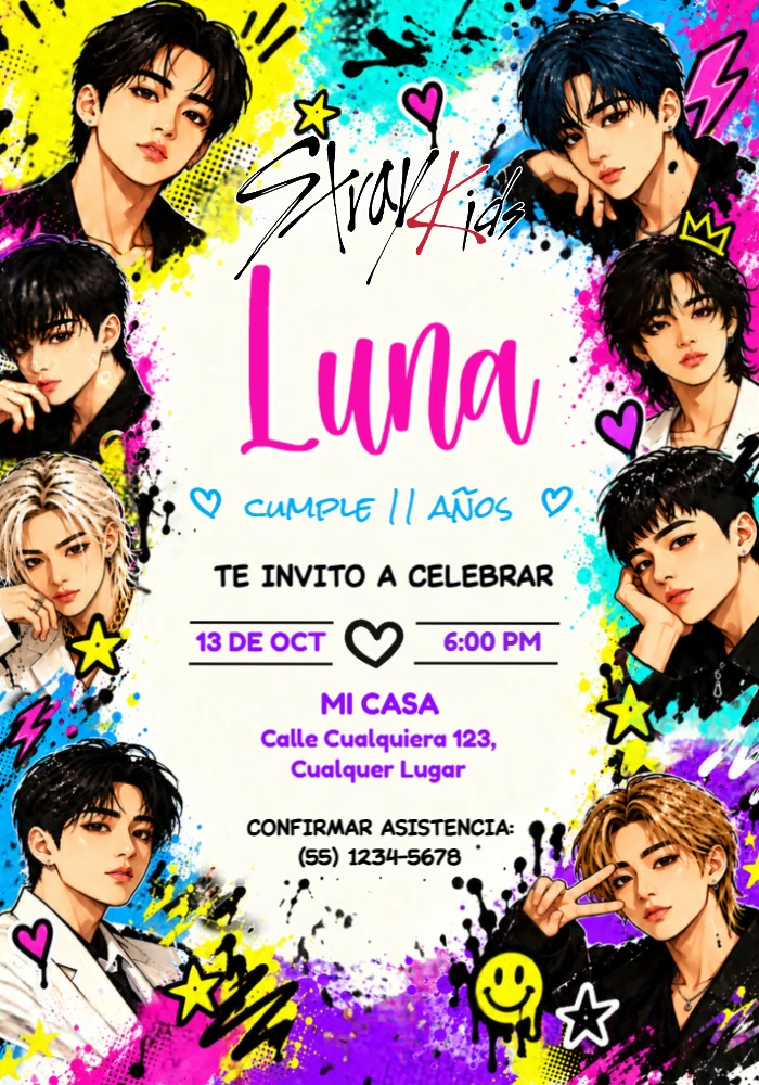 Convite de Aniversário Stray Kids Estilo Arte Pop Editable Convite de Aniversário Stray Kids Estilo Arte Pop Editable