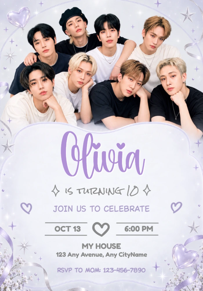 Stray Kids Birthday Invitation with Dreamy Lavender Theme Stray Kids Birthday Invitation with Dreamy Lavender Theme