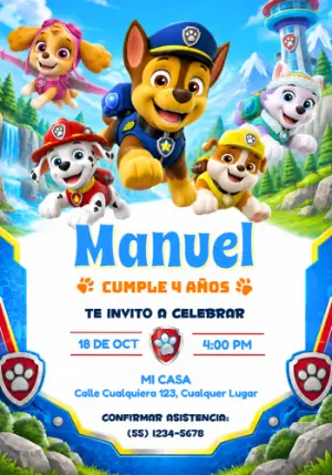 Invitación de Aniversário Patrulha Canina Equipo al Rescate Editable
