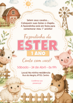 Convite de Aniversário Fazendinha Aquarela para Editar Online
