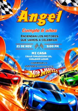 Invitación de Cumpleaños Hot Wheels Carrera en Pista Editable