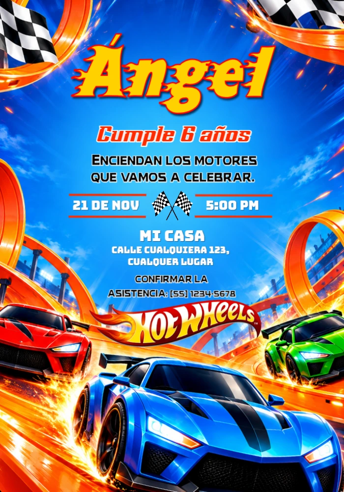 Invitación de Cumpleaños Hot Wheels Carrera en Pista Editable Invitación de Cumpleaños Hot Wheels Carrera en Pista Editable