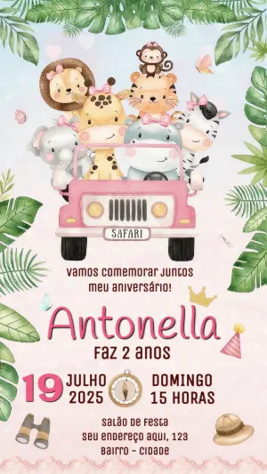 Convite Animado Aniversário Safari Rosa com Animais para Editar