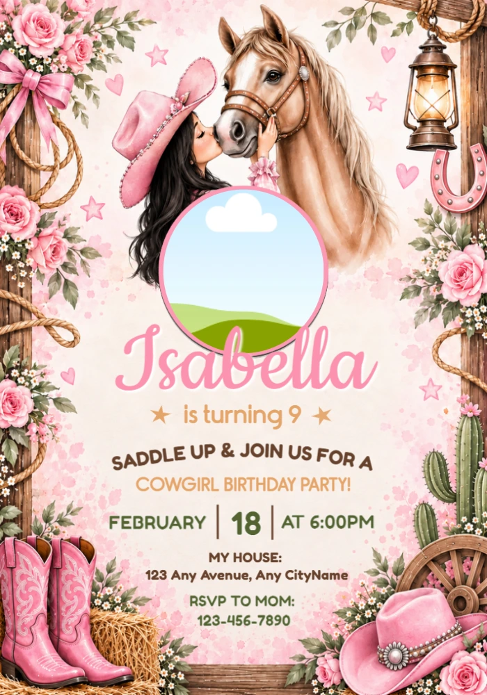 Editable Pink Cowgirl Birthday Invitation for a Horse Party Editable Pink Cowgirl Birthday Invitation for a Horse Party