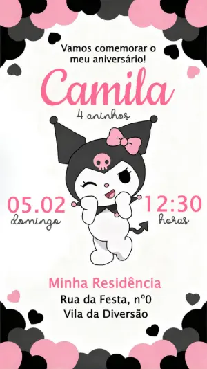 Convite de Aniversário Kuromi Rosa e Preto Editável