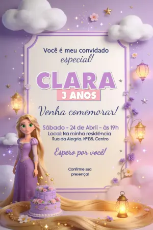 Convite de Aniversário Rapunzel Enrolados Lilás para Editar