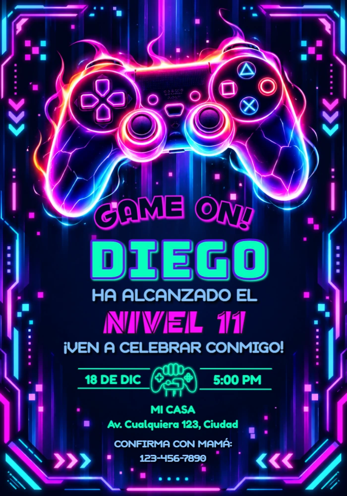Invitación de Cumpleaños Gamer Neón para Editar Invitación de Cumpleaños Gamer Neón para Editar