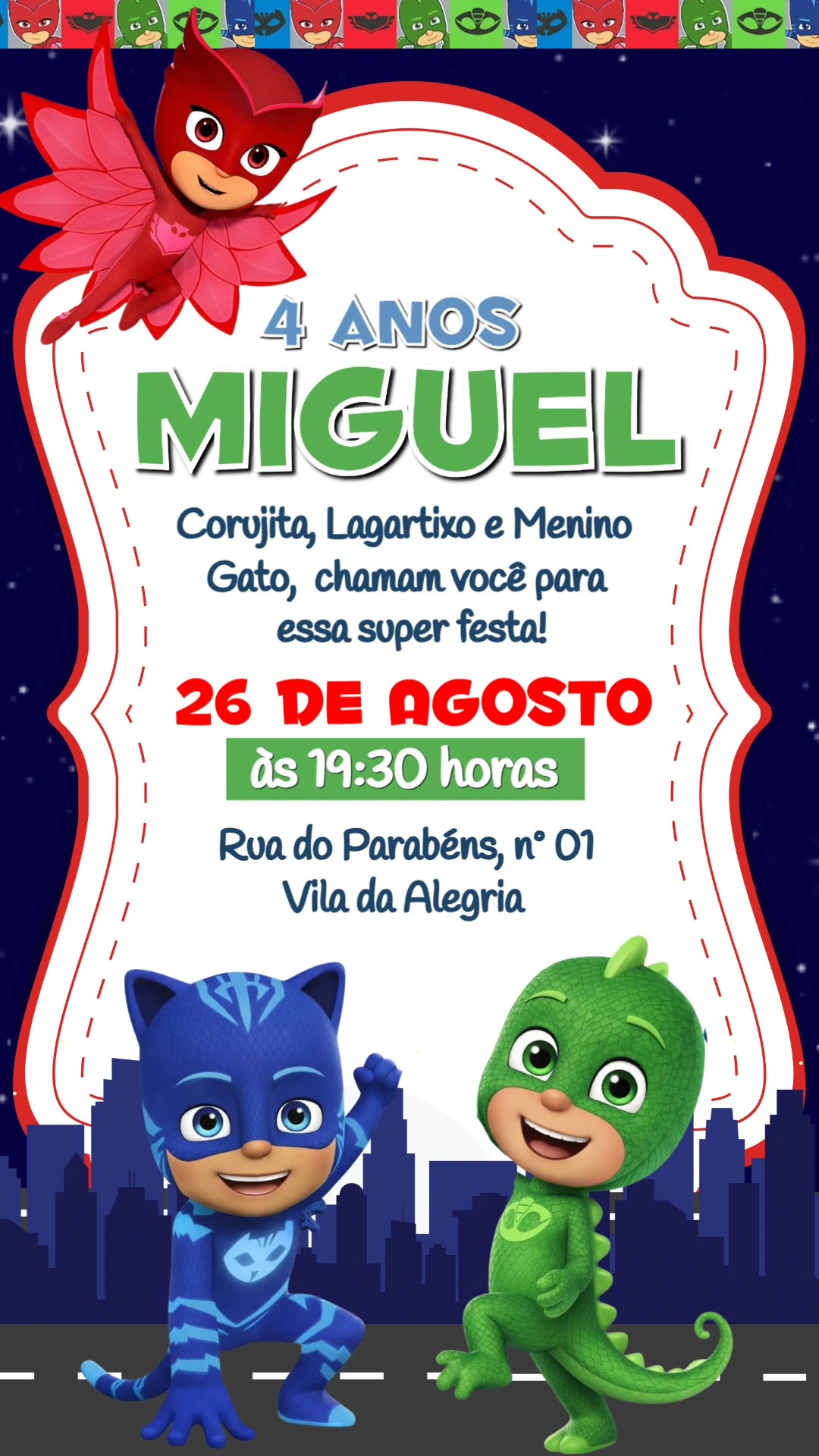Convite de Aniversário PJ Masks Editável | Heróis de Pijama Convite de Aniversário PJ Masks Editável | Heróis de Pijama