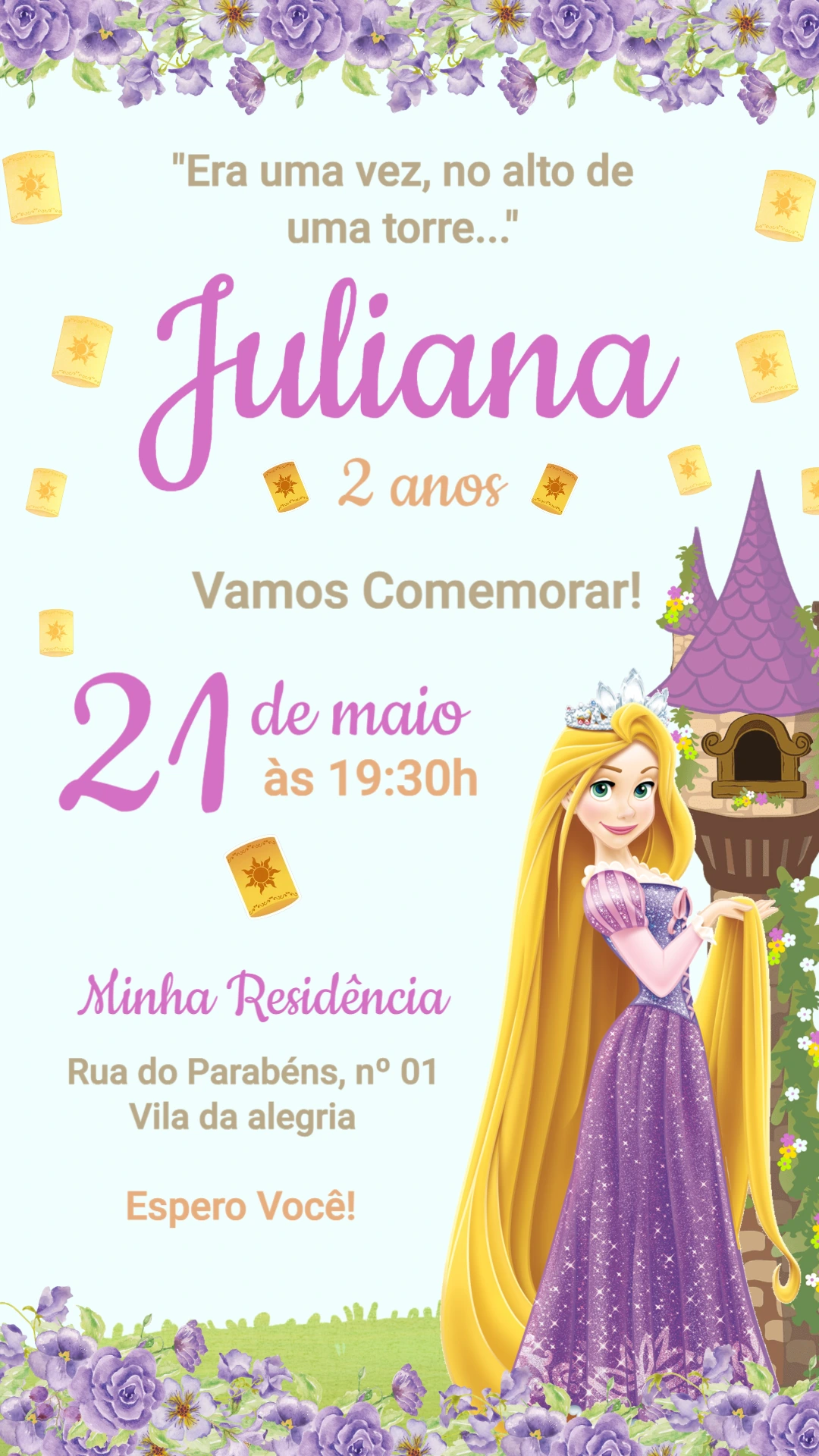 Convite Animado Rapunzel Enrolados com Lanternas para Editar Convite Animado Rapunzel Enrolados com Lanternas para Editar