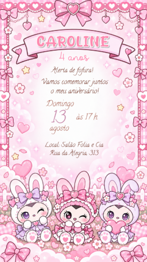 Convite Animado Aniversário Kuromi Rosa para Editar Online
