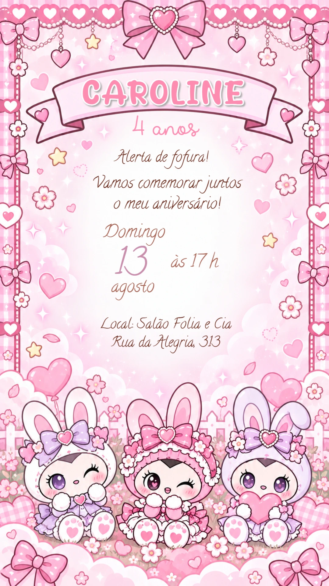 Convite Animado Aniversário Kuromi Rosa para Editar Online Convite Animado Aniversário Kuromi Rosa para Editar Online