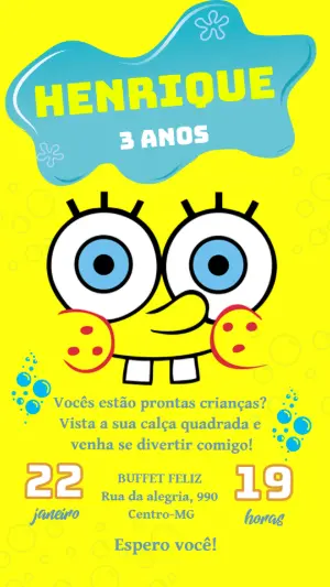Convite de Aniversário Bob Esponja Digital para Editar