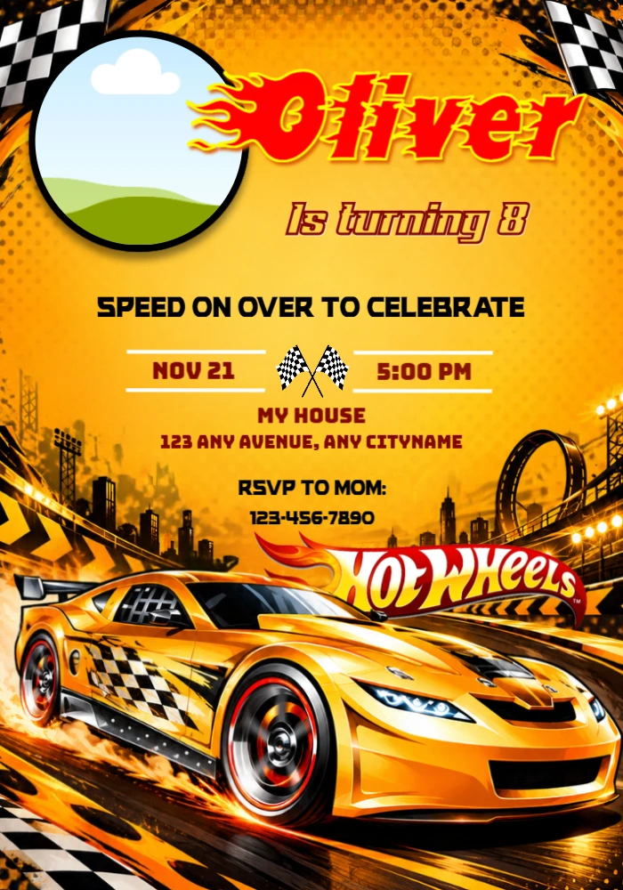 Hot Wheels Birthday Invitation with Photo Frame Editable Template Hot Wheels Birthday Invitation with Photo Frame Editable Template