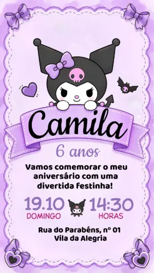 Convite Digital Kuromi para Aniversário Infantil Editável