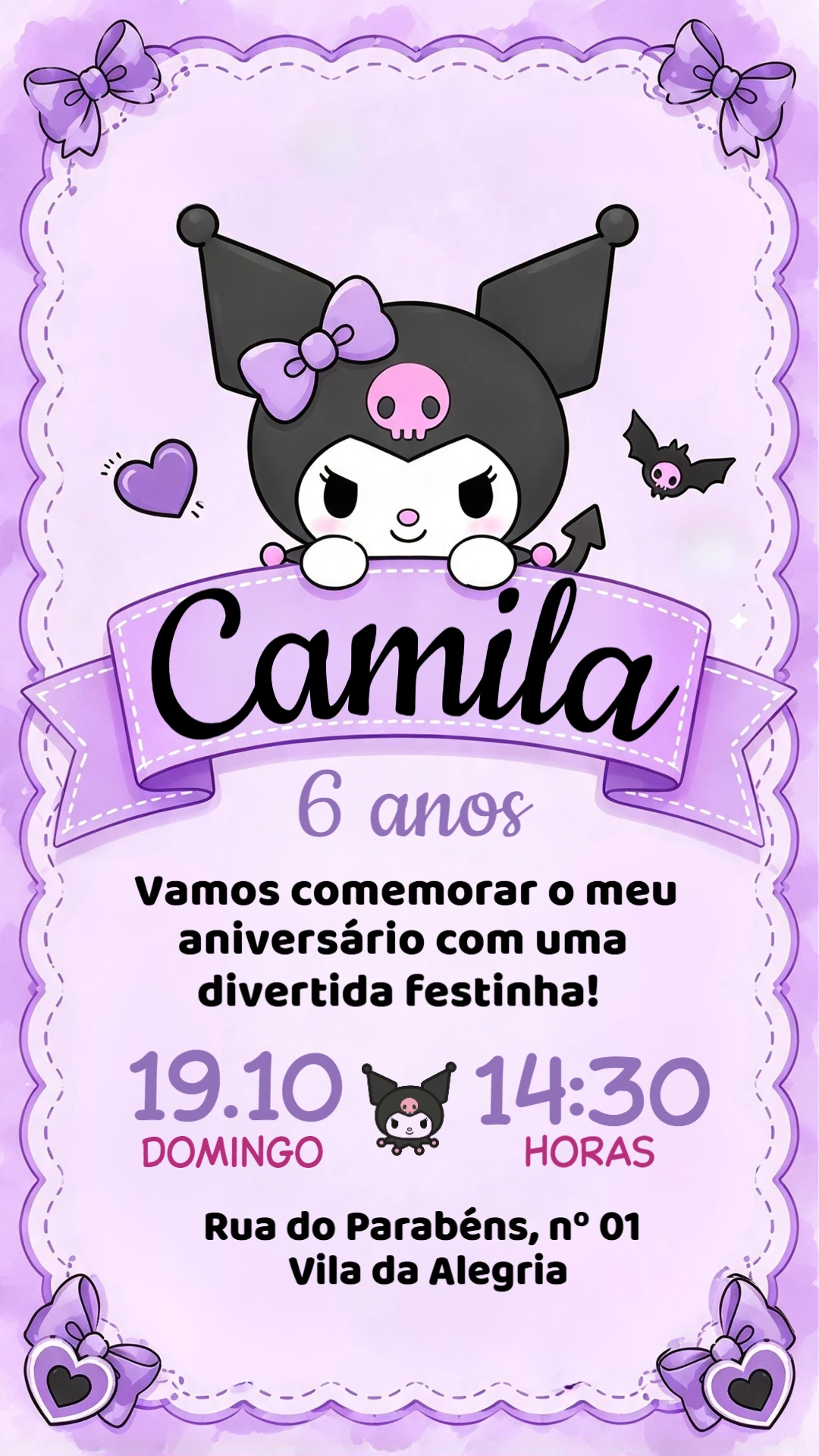 Convite Digital Kuromi para Aniversário Infantil Editável Convite Digital Kuromi para Aniversário Infantil Editável