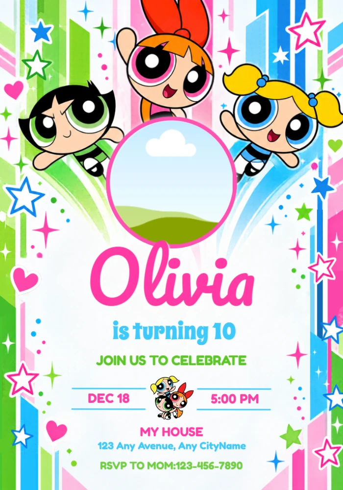 Powerpuff Girls Birthday Invitation with Photo - Editable Template Powerpuff Girls Birthday Invitation with Photo - Editable Template