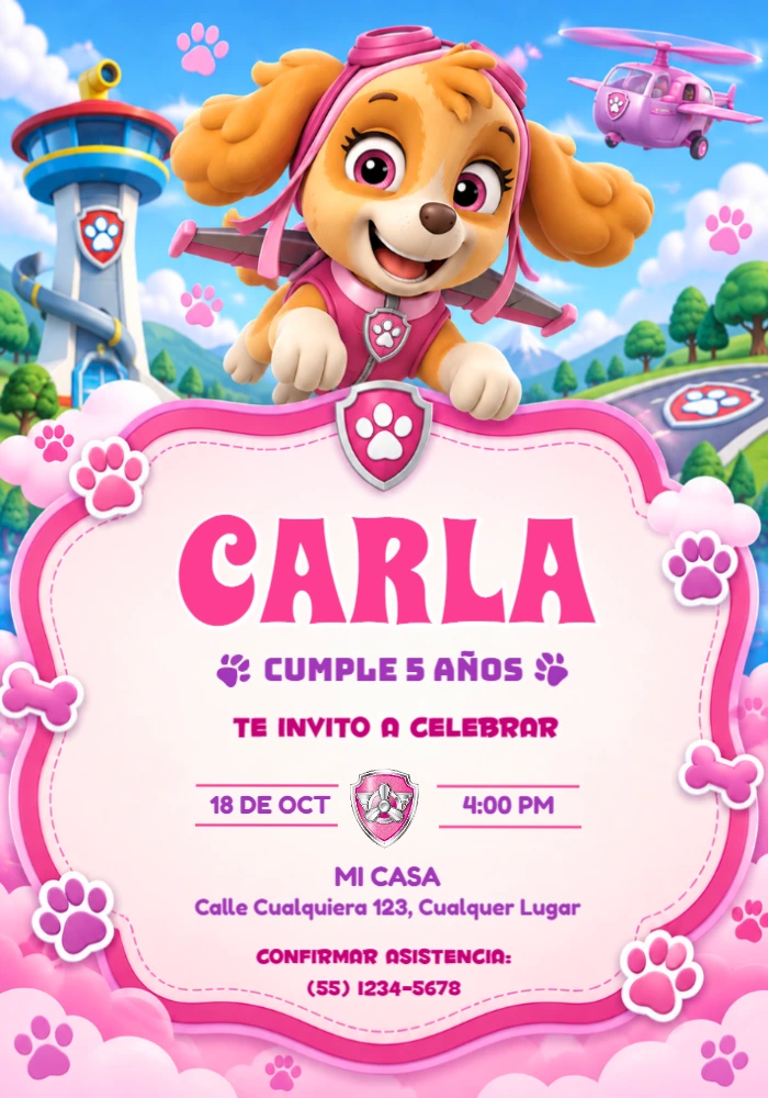 Invitación de Cumpleaños Skye Patrulla Canina Volando Editable Invitación de Cumpleaños Skye Patrulla Canina Volando Editable