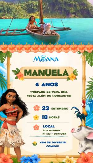 Convite Animado Aniversário Moana: Modelo Editável para Festa