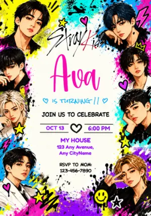 Editable Stray Kids Birthday Invitation with Colorful Anime Art