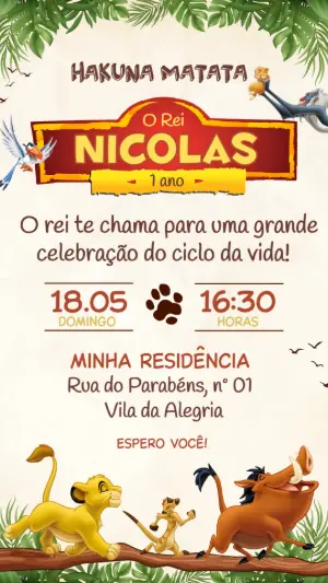 Convite O Rei Leão Editável para Aniversário Infantil