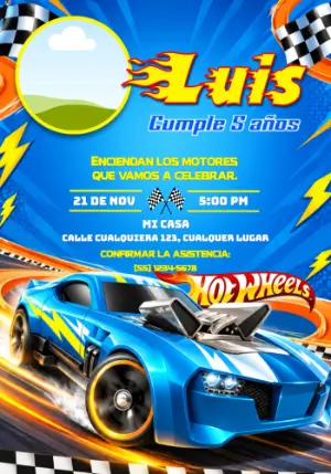 Invitación de Cumpleaños Hot Wheels: Carrera en Pista Editable