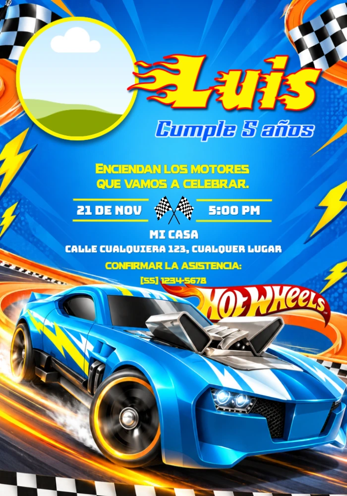 Invitación de Cumpleaños Hot Wheels: Carrera en Pista Editable Invitación de Cumpleaños Hot Wheels: Carrera en Pista Editable