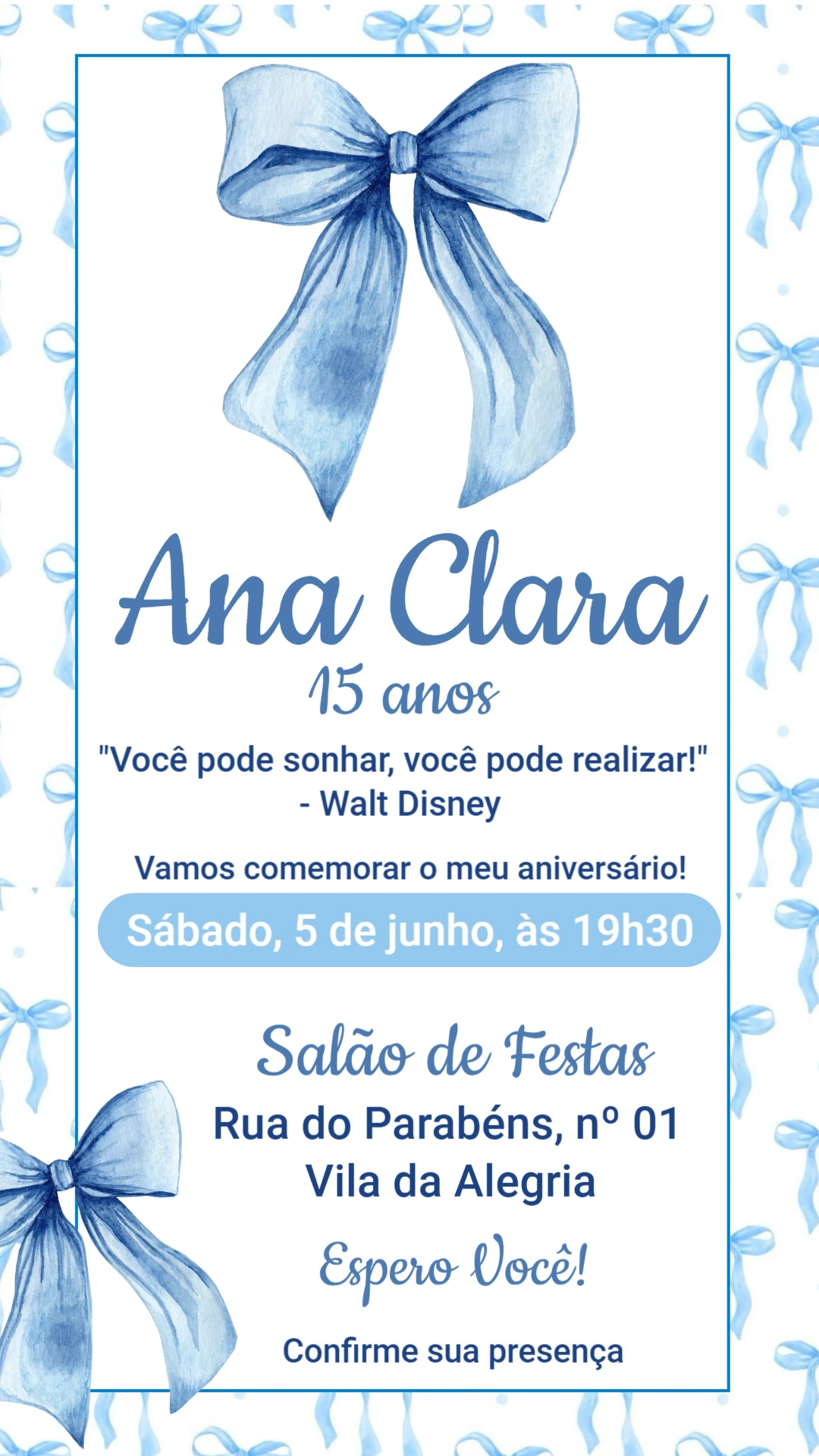 Convite 15 Anos Tema Laços Azul Aquarela para Editar Convite 15 Anos Tema Laços Azul Aquarela para Editar