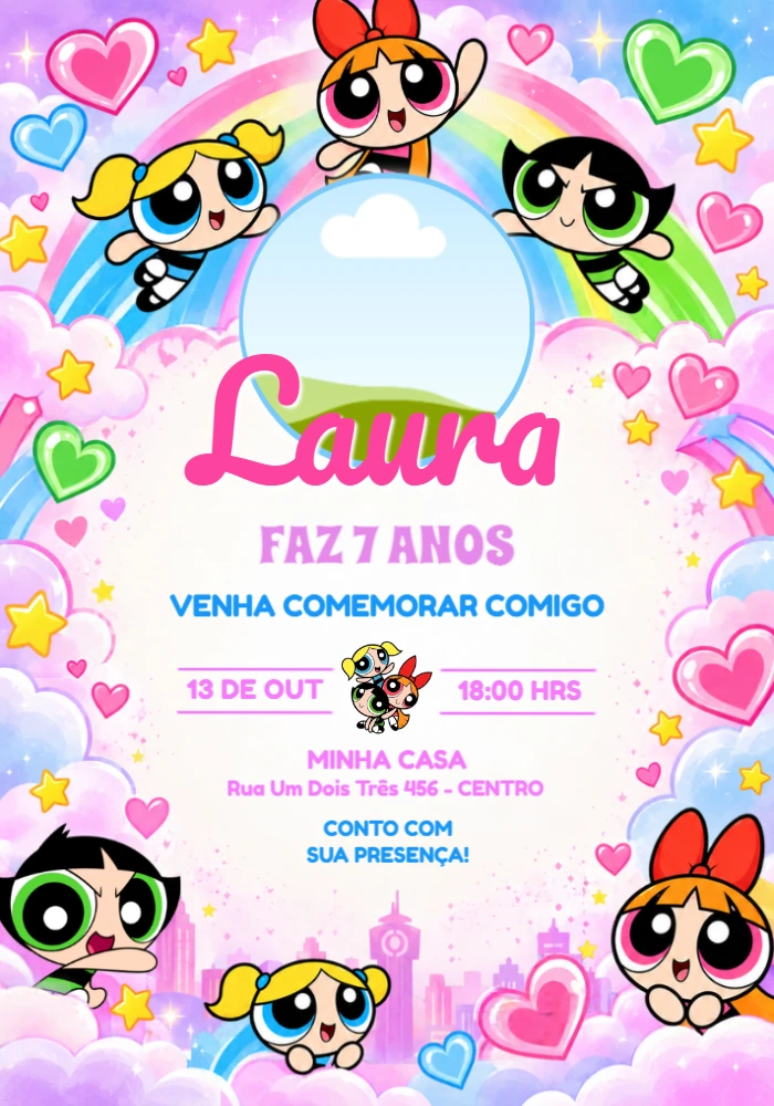 Convite de Aniversário Meninas Super Poderosas com Foto Editável Convite de Aniversário Meninas Super Poderosas com Foto Editável